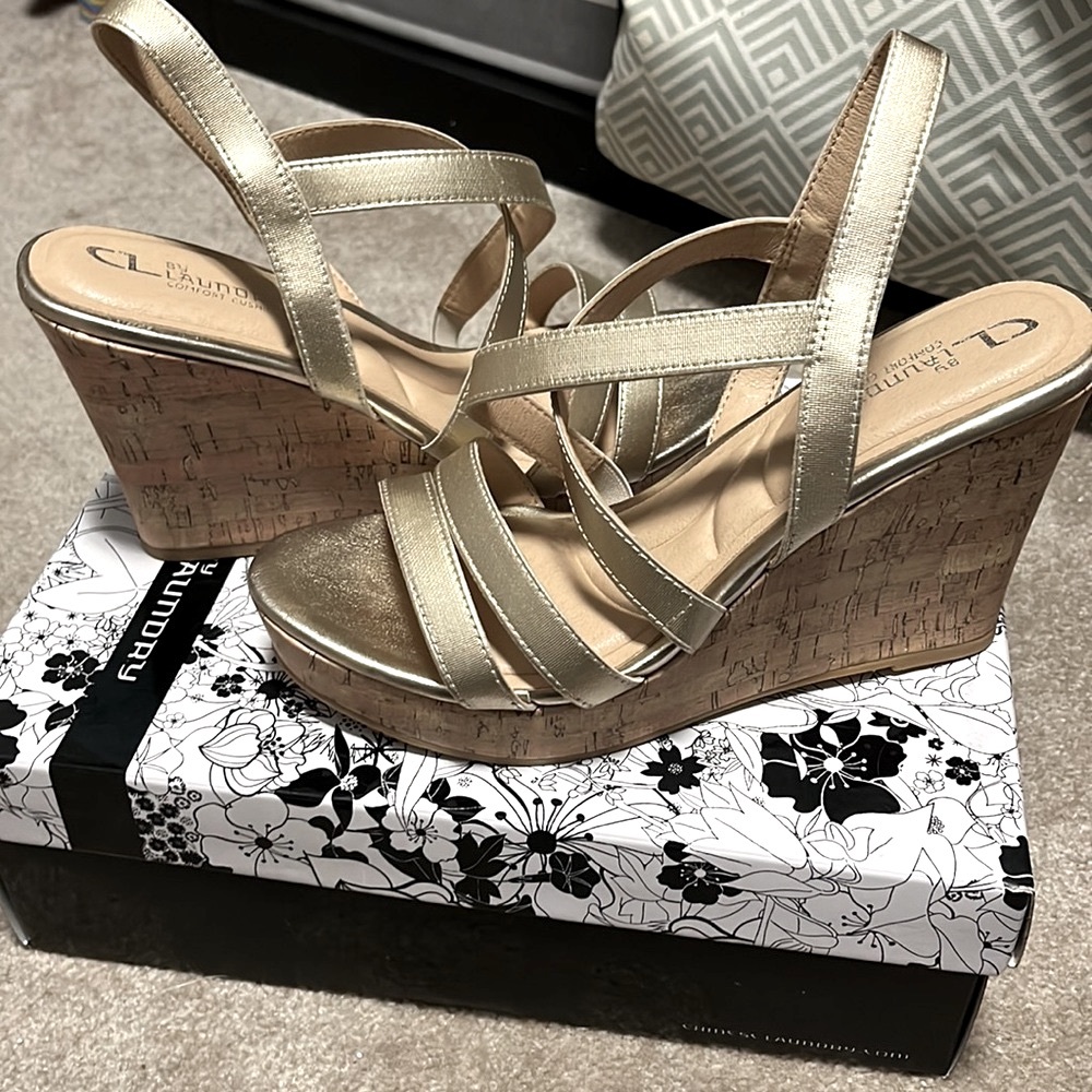 Gold Faux Leather Strappy High Heel Wedges